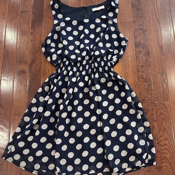 Navy and mocha polka dot smocked waist dress size small - Picture 2 of 5